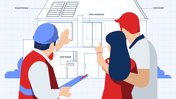 couple regarde plans de maison avec chef de chantier